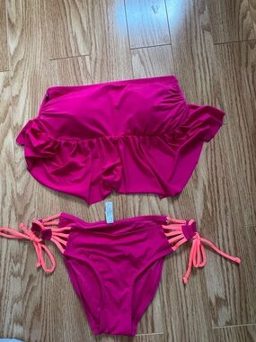 La Vie en Rose Aqua Fuchsia Two-Piece Swimming Costume Set with Neon Coral Ties